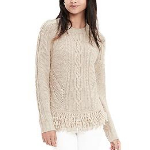 Banana Republic Sweaters - Banana Republic Italian Yarn Fringe Hem Cable Knit Sweater Women’s Medium Ivory